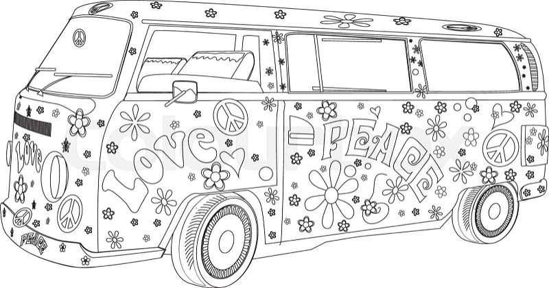 Coloring book line artwork hippy van stock vector