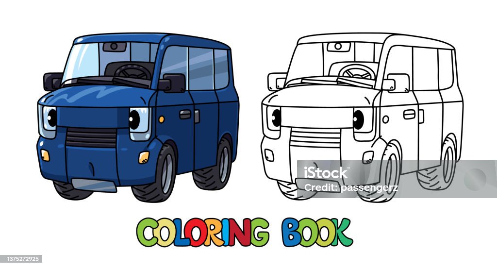 Funny small car with eyes mini van coloring book stock illustration