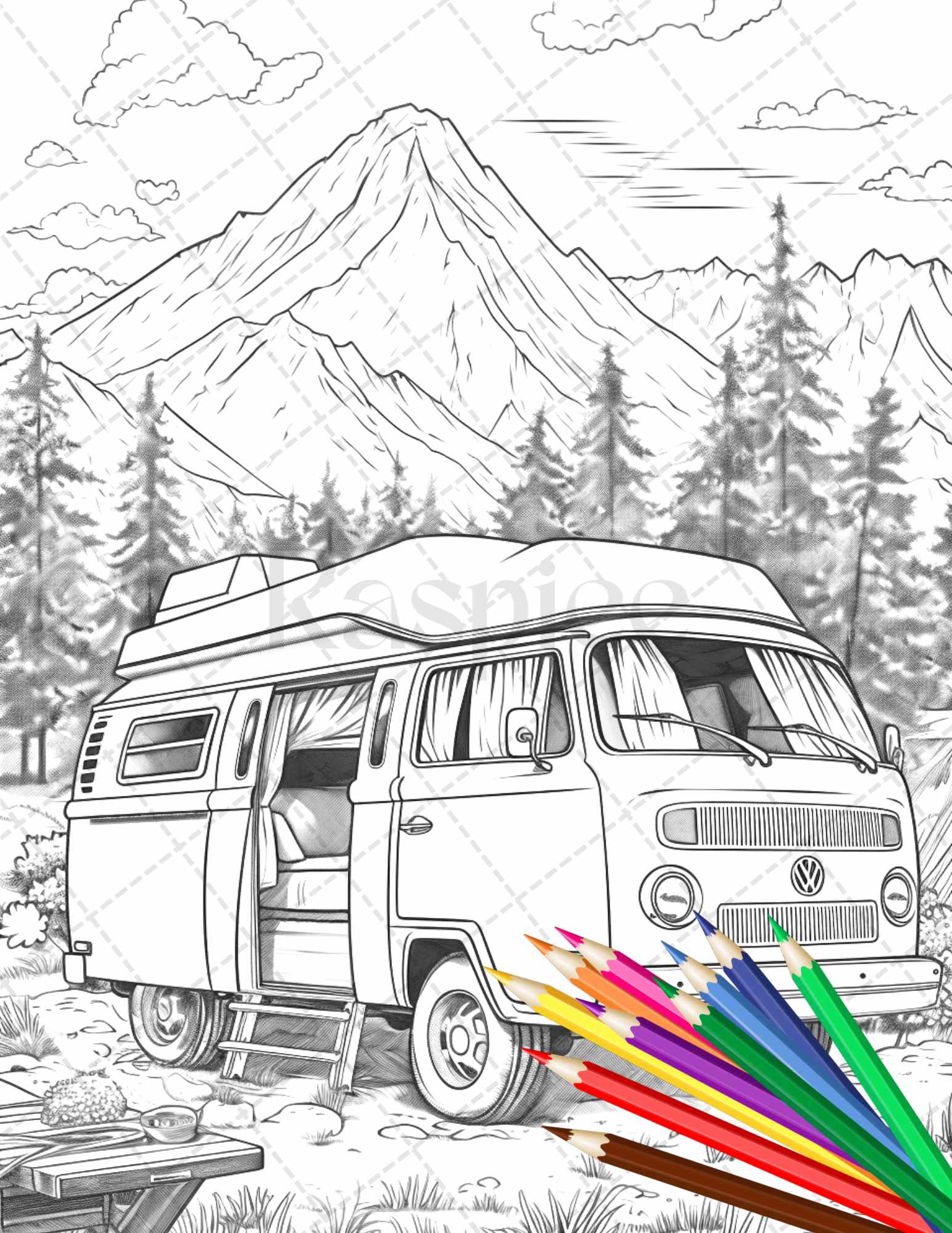 Campervan adventure grayscale coloring pages printable for adults â coloring