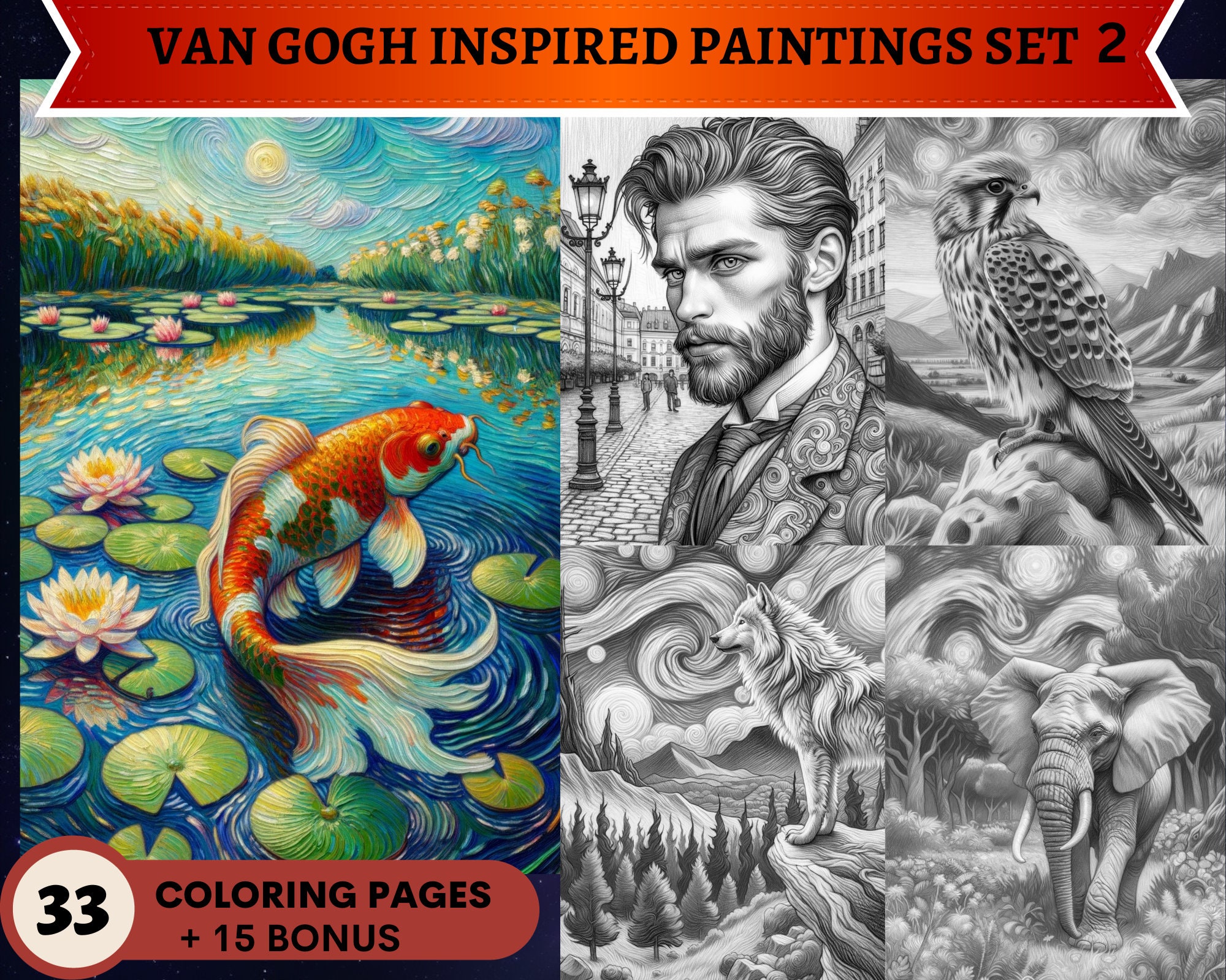 Van gogh inspired paintings set grayscale coloring pages bonus printable adult coloring pages download grayscale illustration