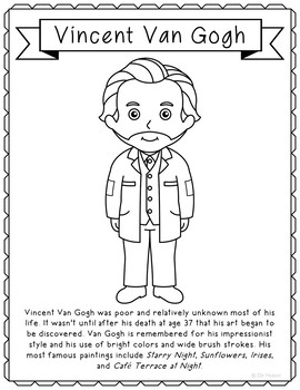 Vincent van gogh famous artist coloring page activity art history