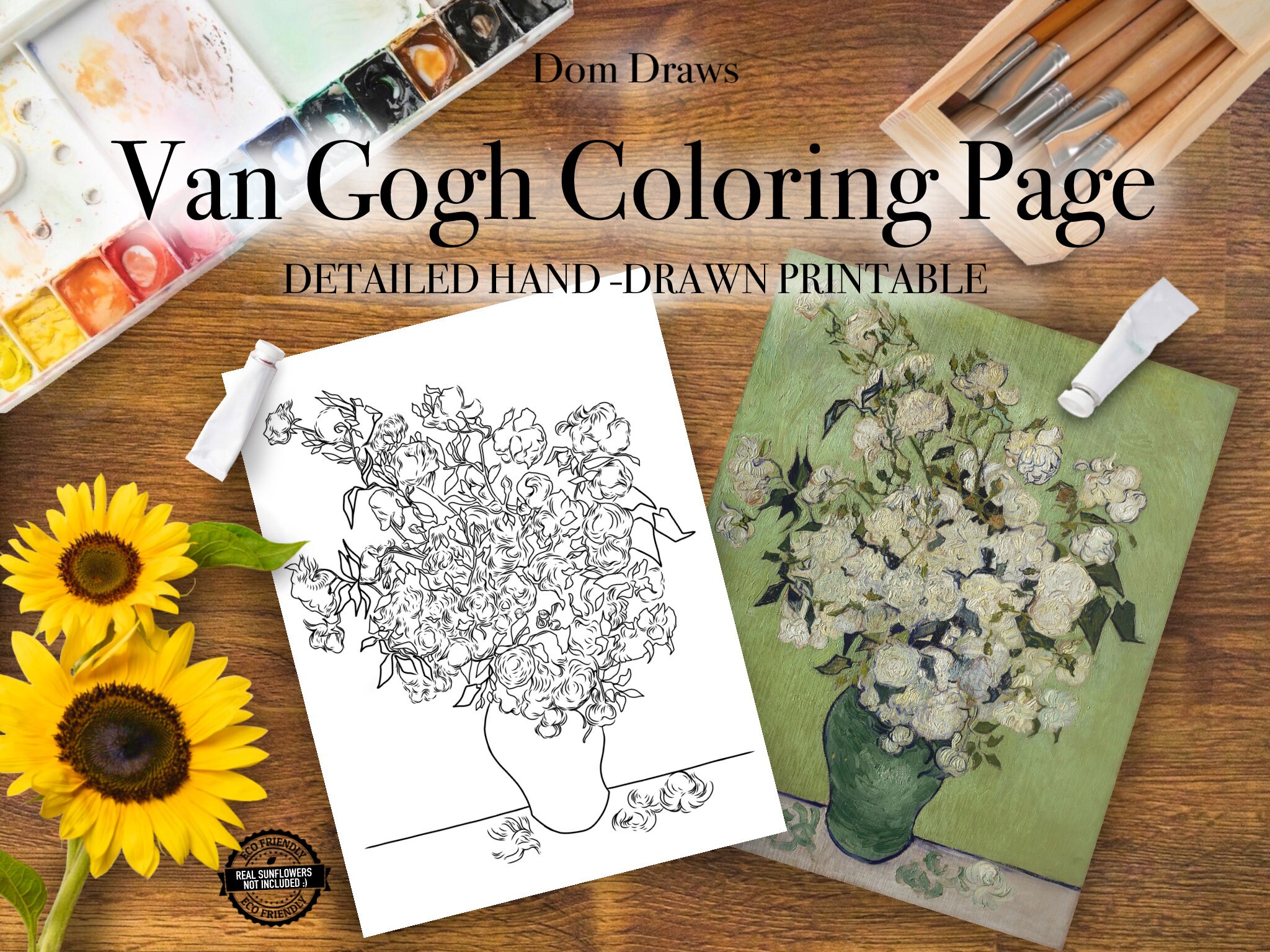 Adult coloring detailed hand drawn vincent van gogh roses printable coloring page digital download