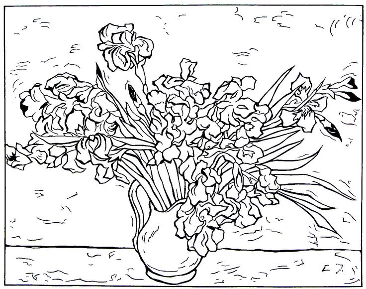 Still life vase with irises impressionist painting by vincent van gogh printable coloring book page dipinti impressionisti disegni da colorare vincent van gogh