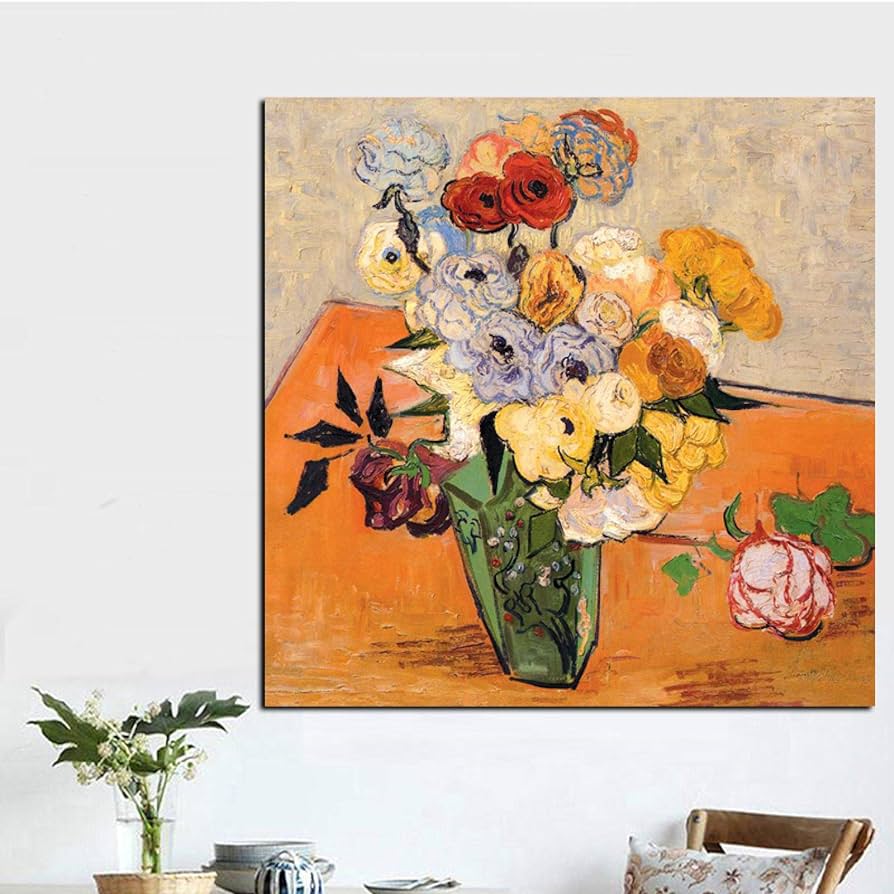 Vase of roses anemones irises abstract van gogh flower painting on canvas wall art picture poster for living room xcm frameless home kitchen