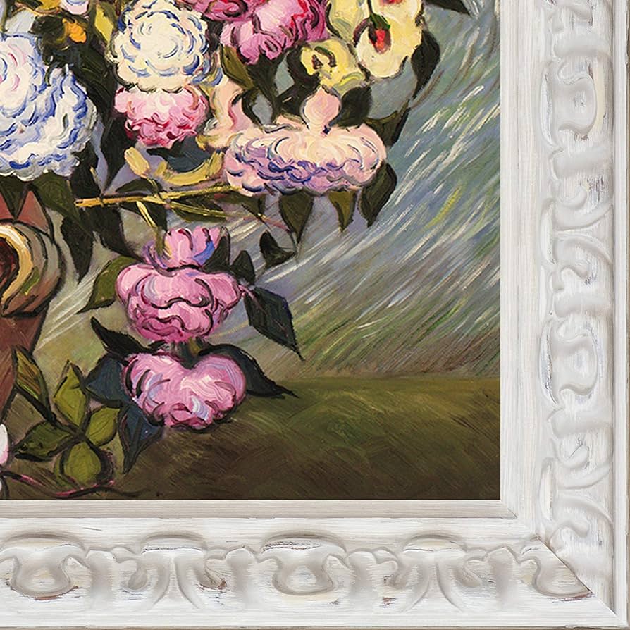 La pastiche overstockart still life vase with roses by vincent van gogh hand painted oil on canvas with brimfield cottage white frame x multi