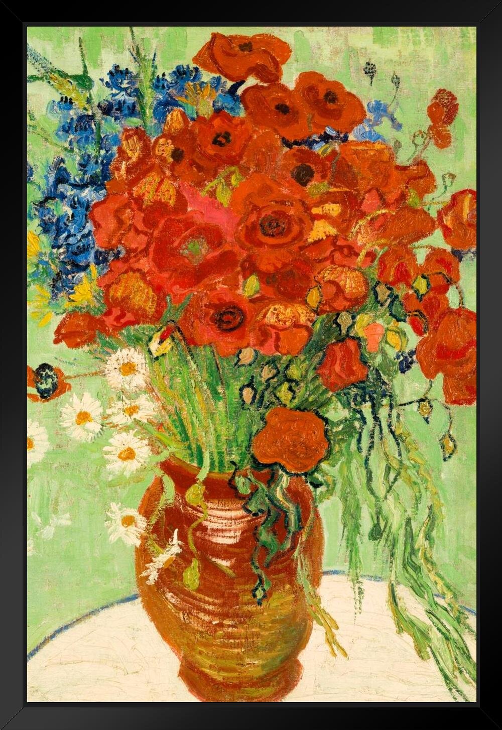 Red barrel studio vincent van gogh red poppies and daisies van gogh wall art impressionist painting style nature spring flower wall decor landscape vase poster romantic artwork black wood framed art poster