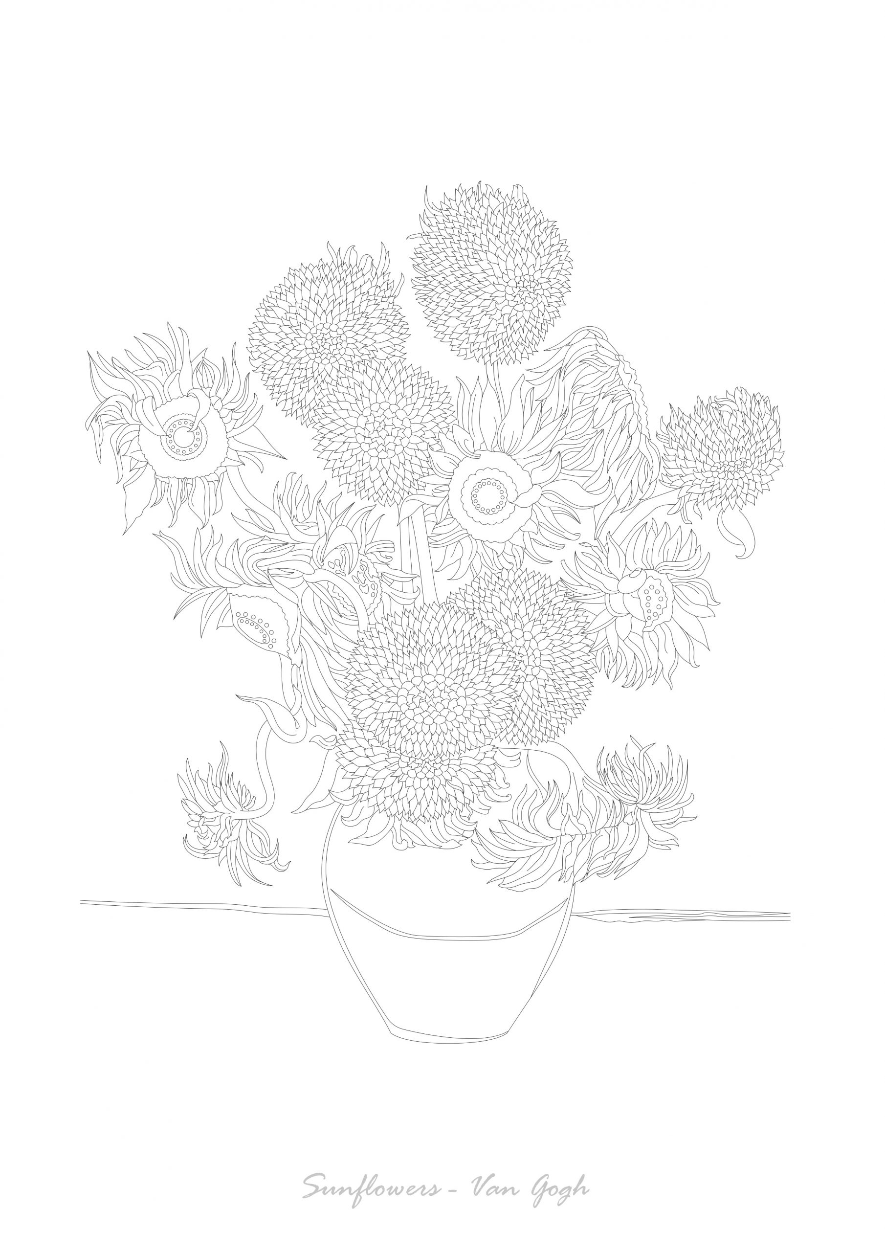 Free colouring in printablefree sunflowers vincent van gogh colouring in page
