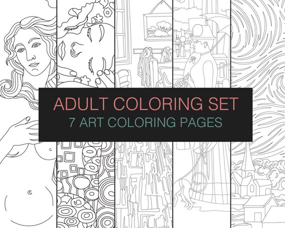 Printable adult coloring pages art classics coloring pages set van gogh botticelli gklimt seurat and edvard munch coloring art instant download