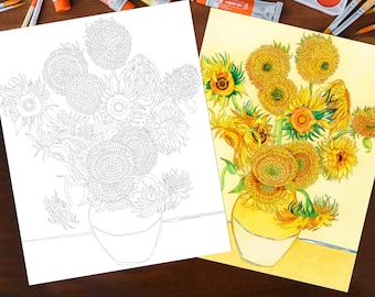 Adult coloring page van gogh sunflowers printable digital download instant download