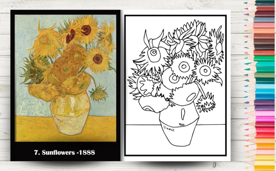Vincent van gogh coloring book gold collection masterpieces to color with the original painting on the facing page featuring starry night irises self