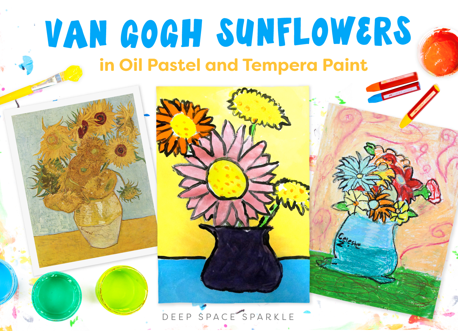 Van gogh sunflowers using oil pastels and tempera paint deep space sparkle