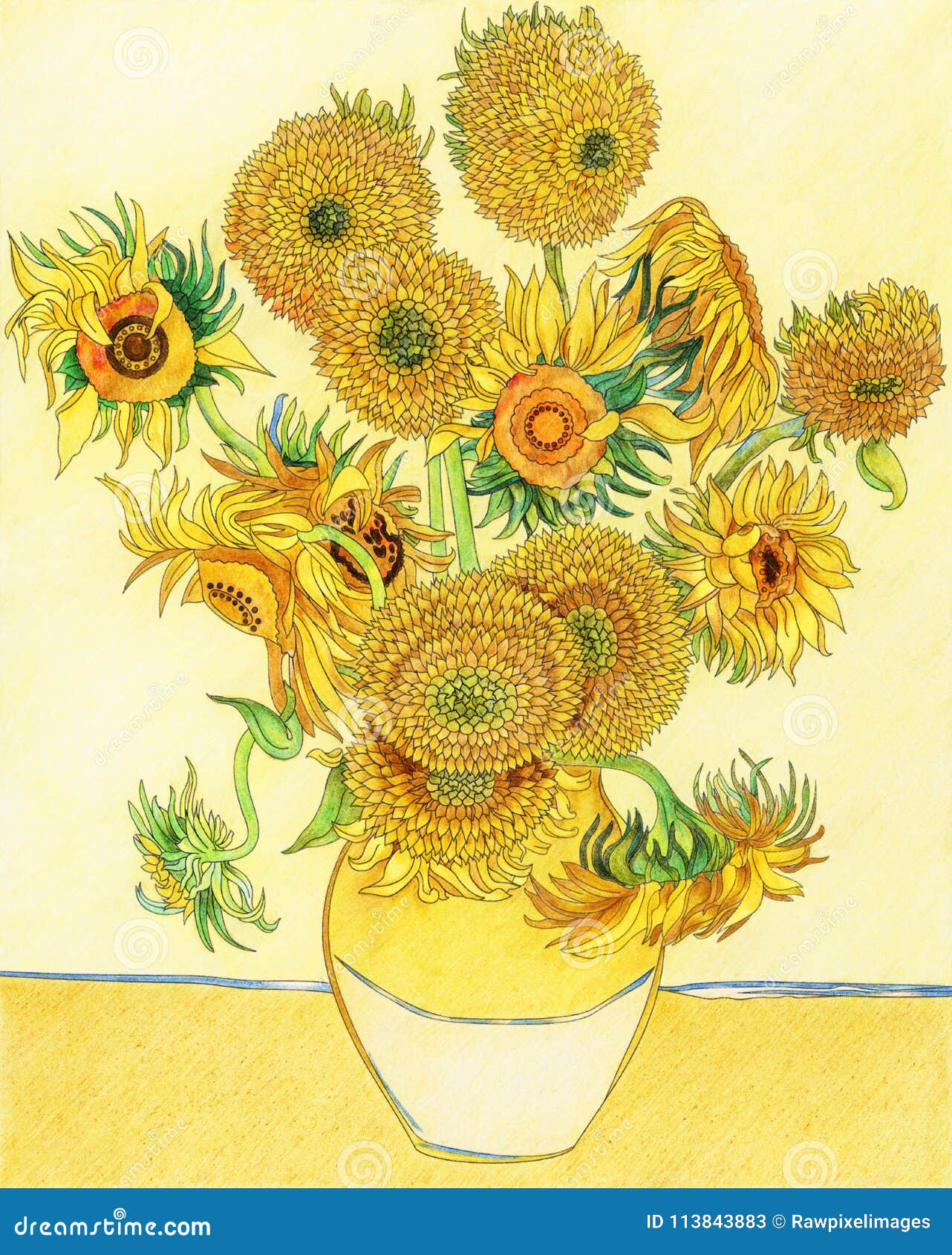 Van goghs sunflower adult coloring page stock illustration