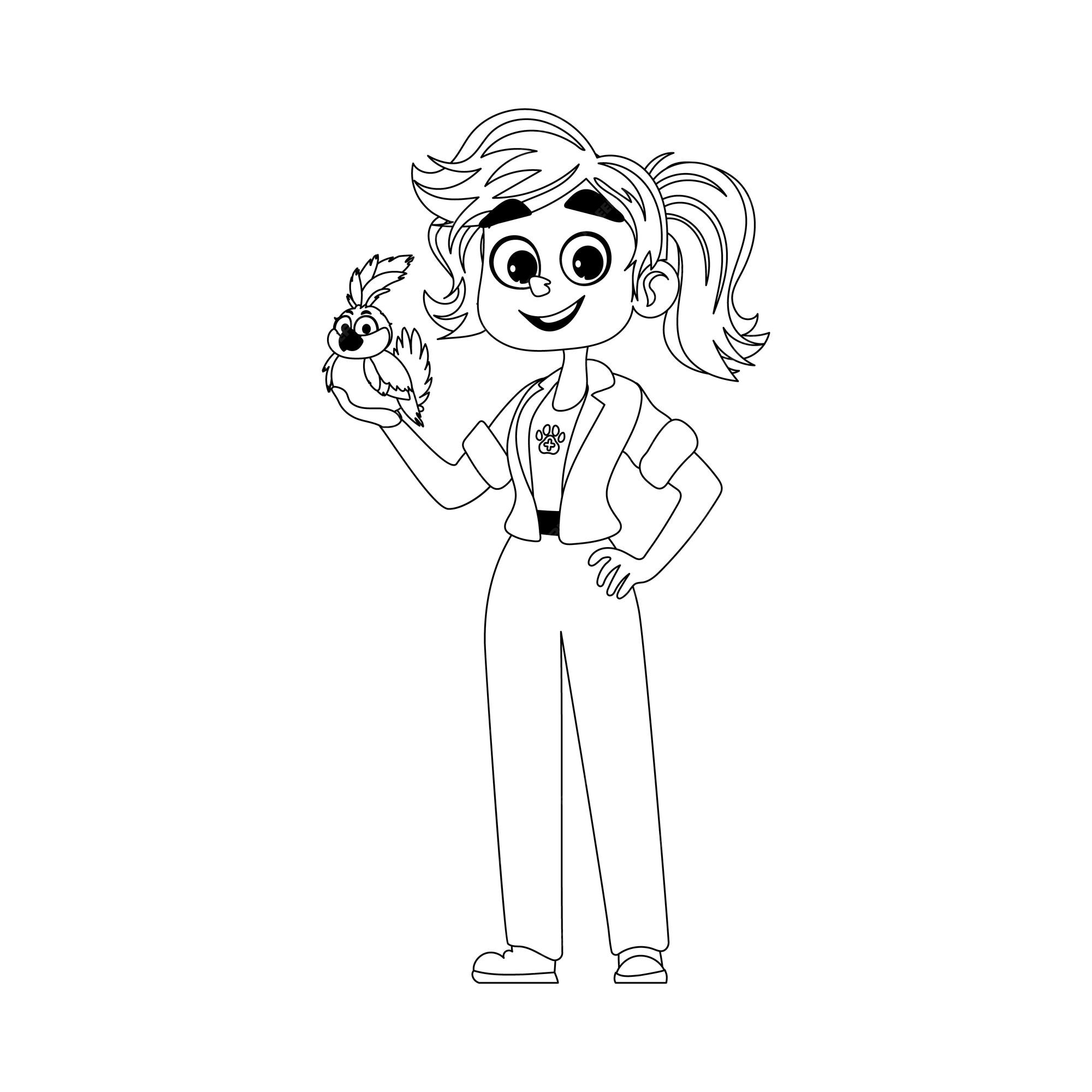 Premium vector a happy woman takes care of animals and has a large lively parrot childrens coloring page