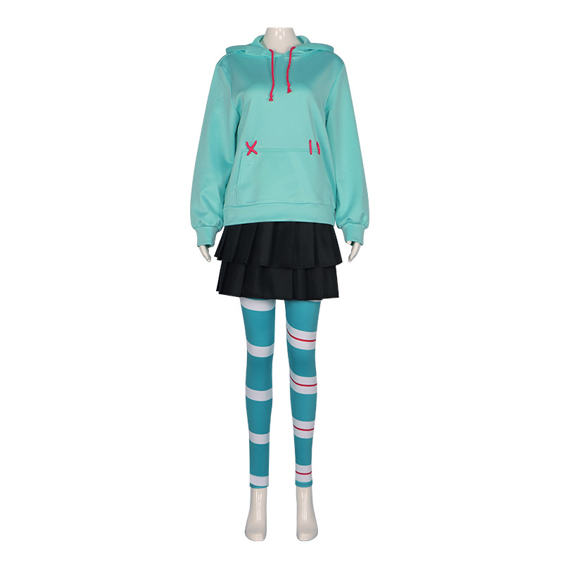 Vanellope von chweetz coplay anime cotume green hooded weathirt kirt uit halloween carnival party uniform for women girl