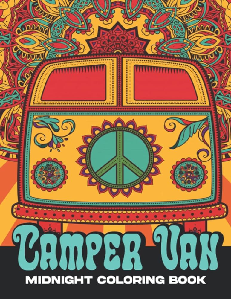 Midnight camper van coloring book life in camp vans colouring pages on black background for all ages release pressure and relaxation amazing transportation to travel joy rainbow books