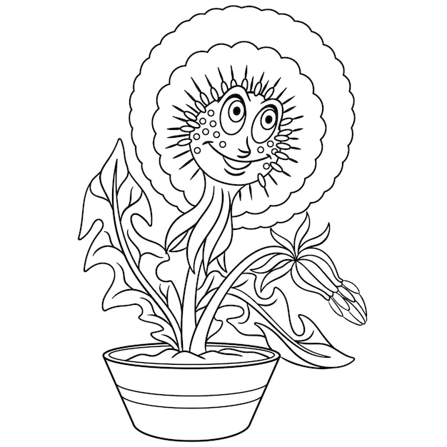 Premium vector cute dandelion flower in pot cartoon funny food emoji face kids coloring page