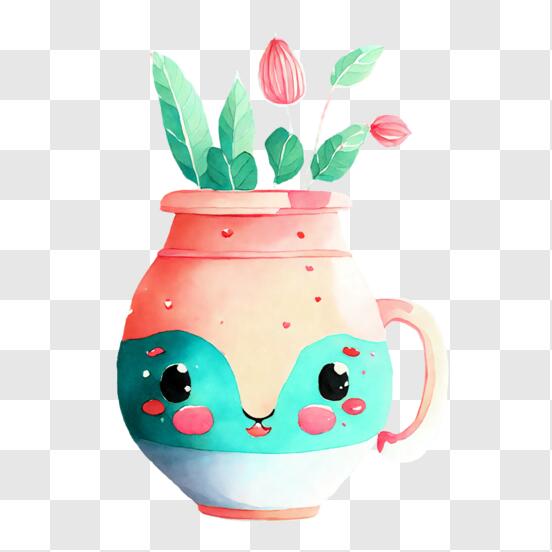 Download cartoon character vase with pink flowers png online