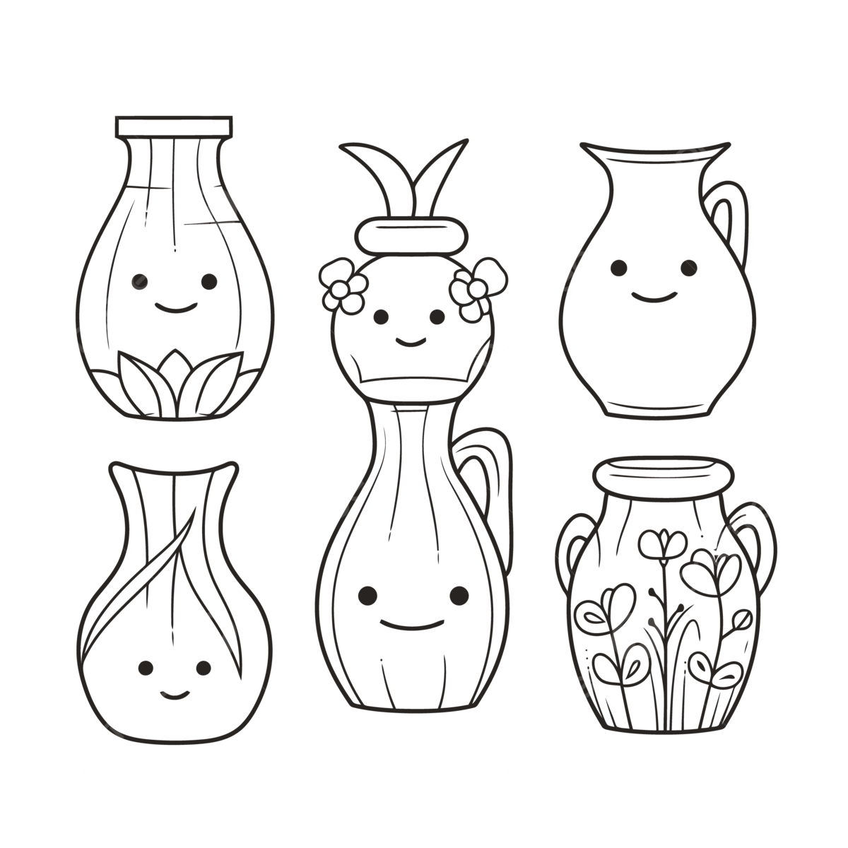 Five different vases in a cartoon drawing outline sketch vector vases drawing vases outline vases sketch png and vector with transparent background for free download
