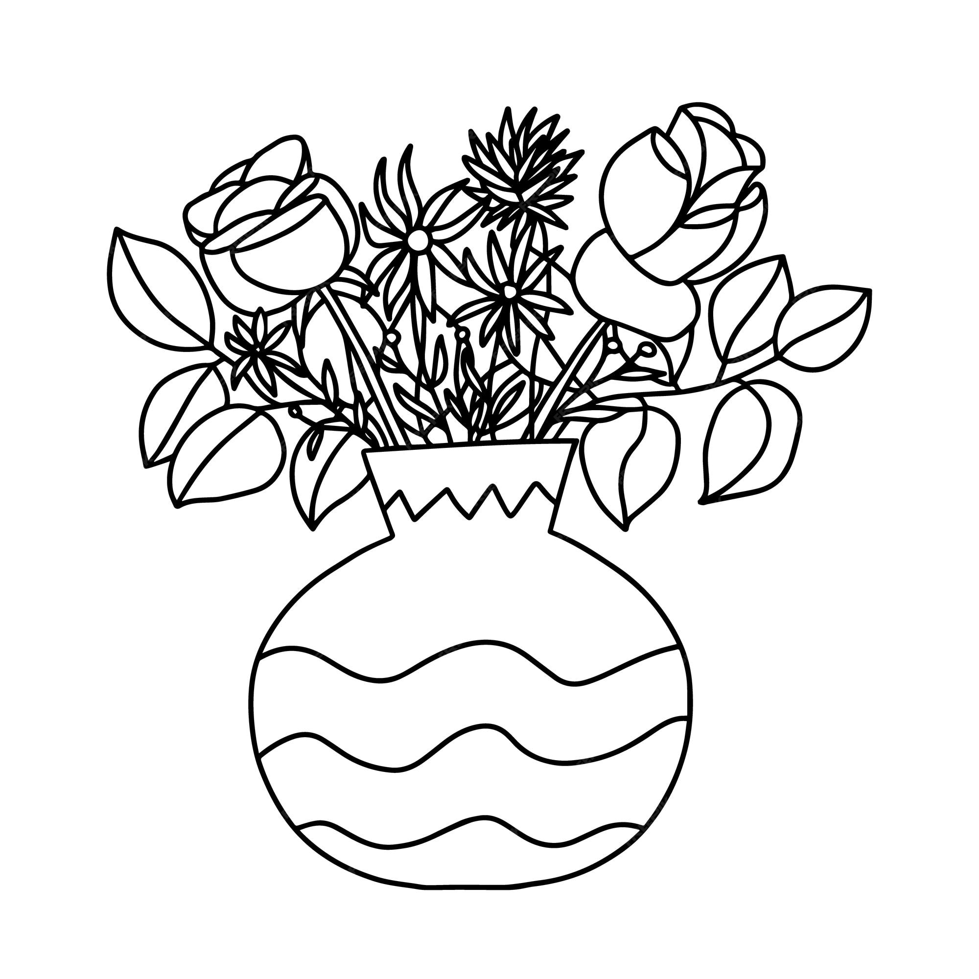Premium vector doodle coloring page vase with flowers cute coloring vase with flowers bouquet