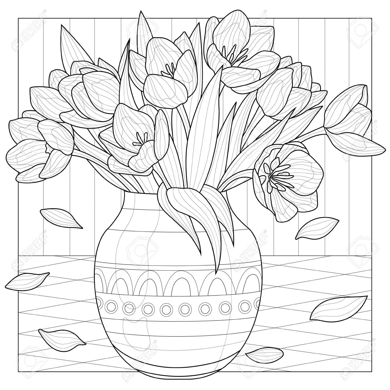 Bouquet of tulips in a vase flowerscoloring book anti stress for children and adults illustration isolated on white backgroundblack and white drawingzen