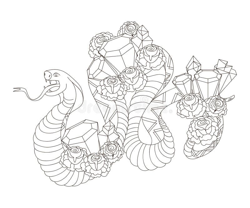 Serpiente con las rosas y las piedras preciosas tilo del tatuaje de la cuela vieja elemento aislado en el fondo blanco ilustraciãn del vector