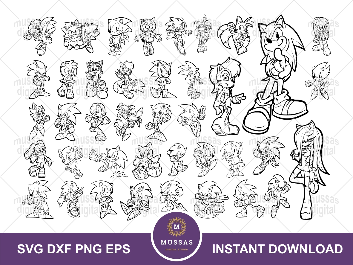 Sonic outline svg bundle coloring page png vector