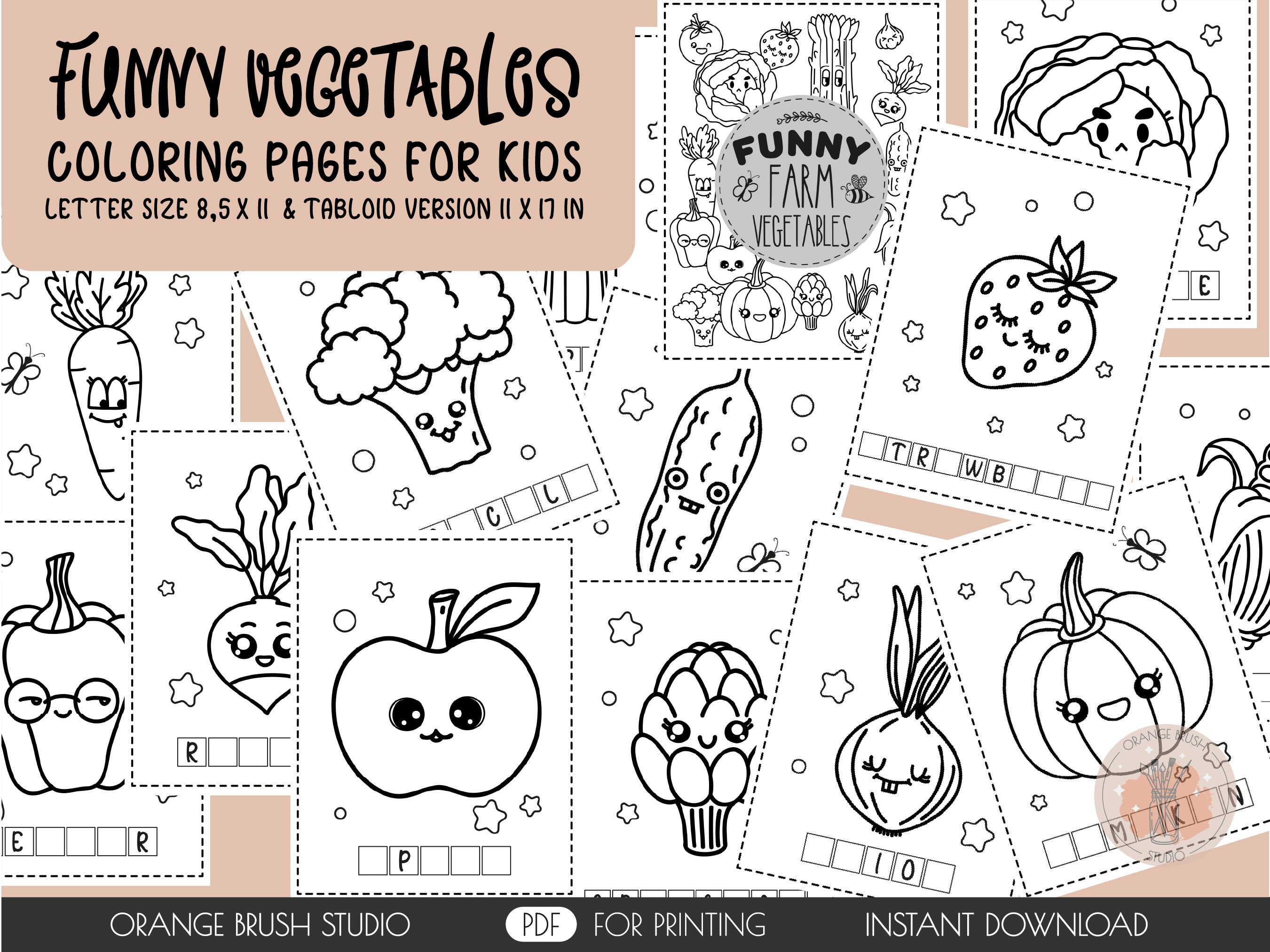 Cute kawaii vegetables kids activities kids coloring pages pdf preschool activity pages printable games pdf instant download