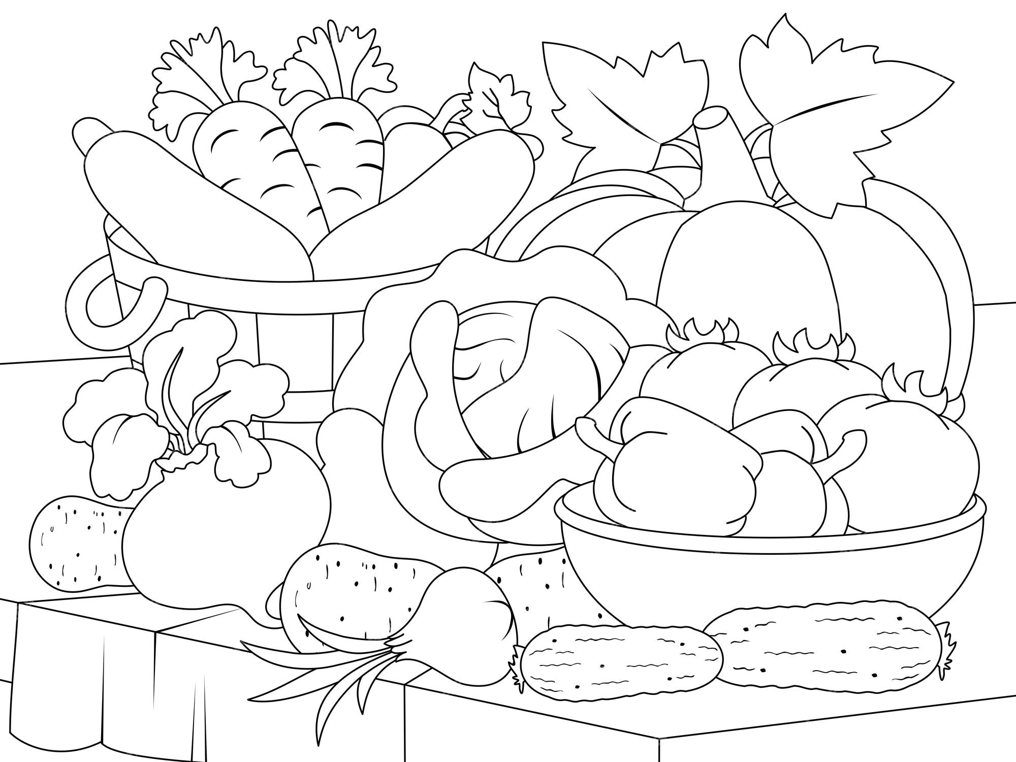 Premium vector still life of vegetables vector page for printable children coloring book