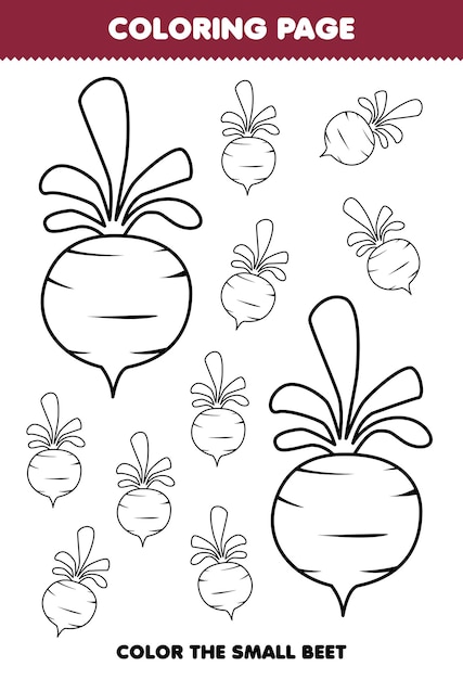 Premium vector education game for children coloring page big or small picture of cute cartoon beet vegetable line art printable worksheet
