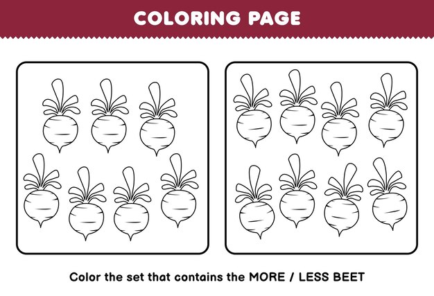 Premium vector education game for children coloring page more or less picture of cartoon beet vegetable line art set printable worksheet