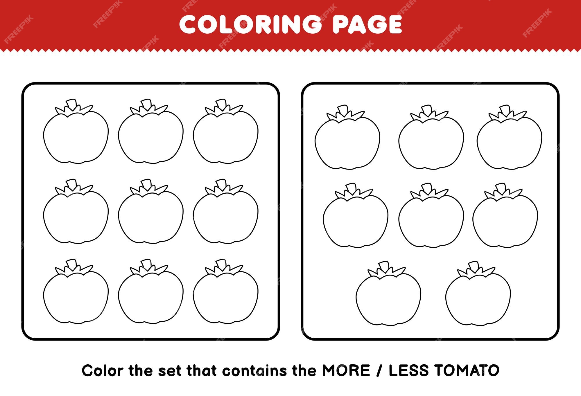 Premium vector education game for children coloring page more or less picture of cartoon tomato vegetable line art set printable worksheet