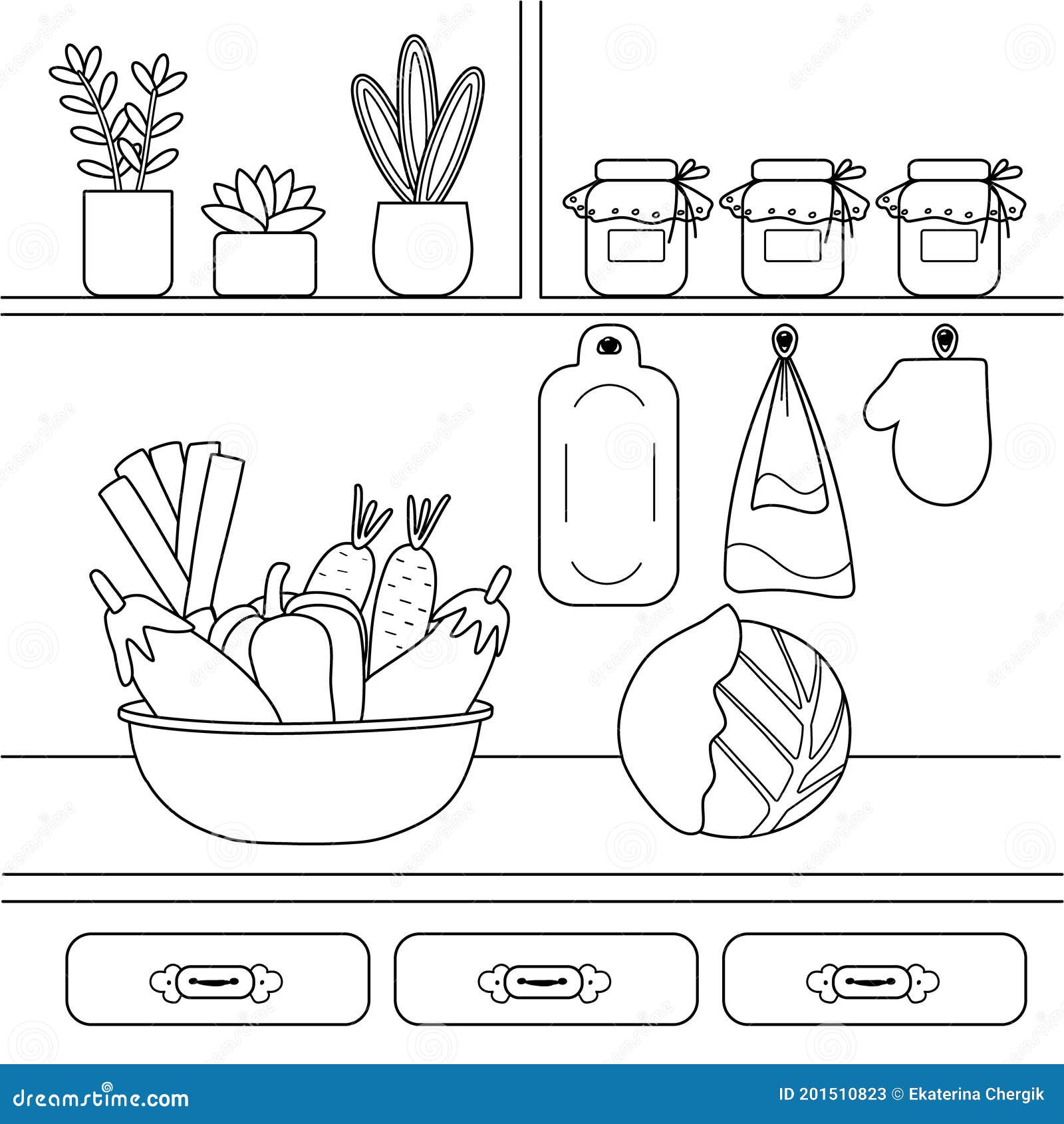Cute kids coloring book with vegetables flowers jars in the kitchen black outline sketch of simple objects stock vector