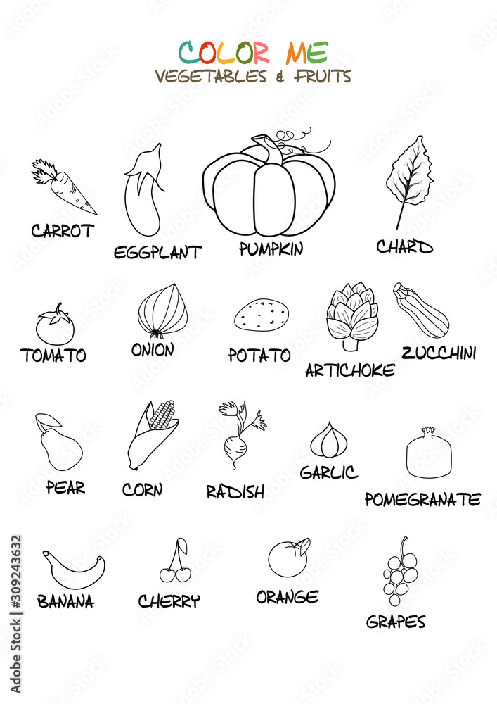 Vegetables and fruits coloring page vector