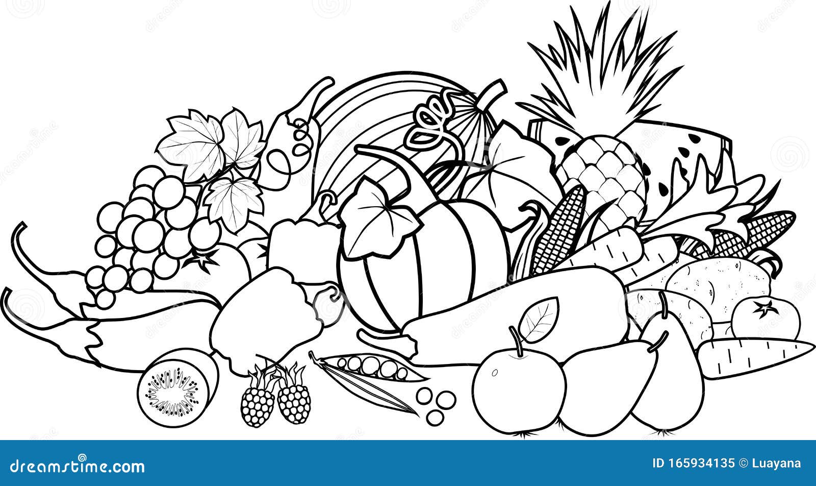 Coloring page position of different vegetables and fruits stock vector