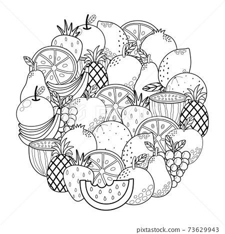 Circle shape coloring page with fruits black