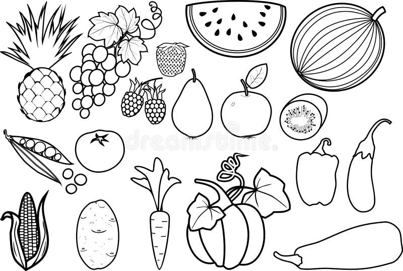 Coloring page set of different fruits and vegetables stock vector