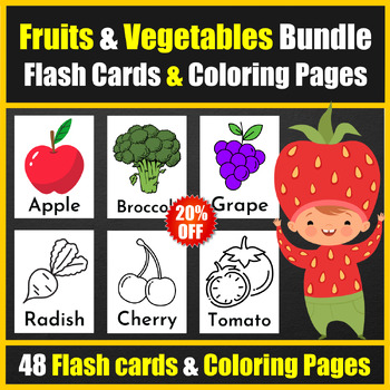 Fruits vegetables flash cards coloring pages bundle