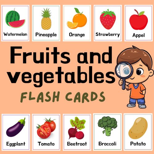 Printable fruits and vegetables flashcards with names for preschoolers
