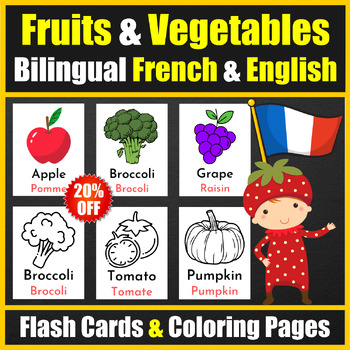 Bilingual french english fruits vegetables cards coloring pages bundle