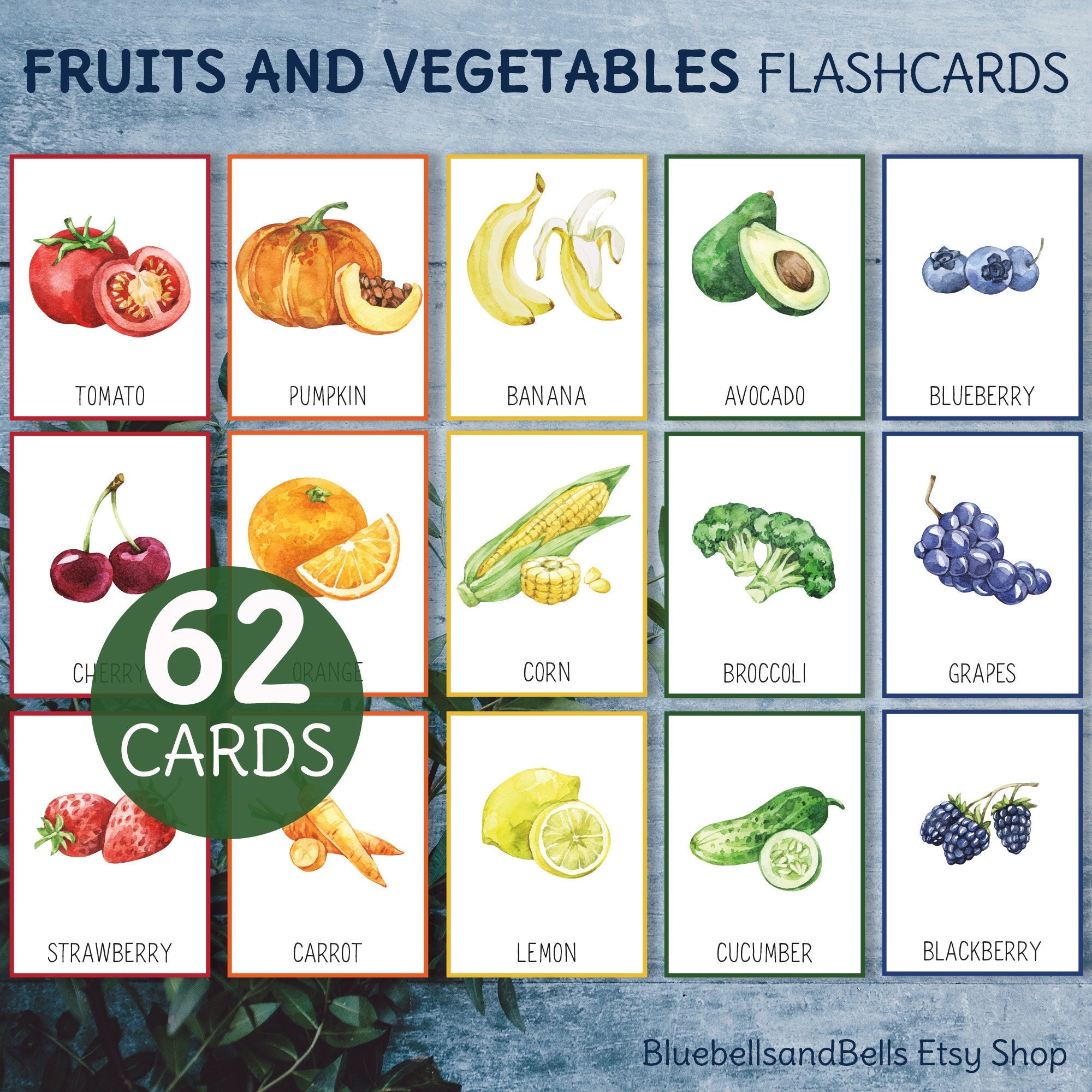 Fruits and vegetables cards toddler printable flashcards preschool watercolor food cards