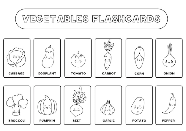 Premium vector black and white vegetables flashcards for kids