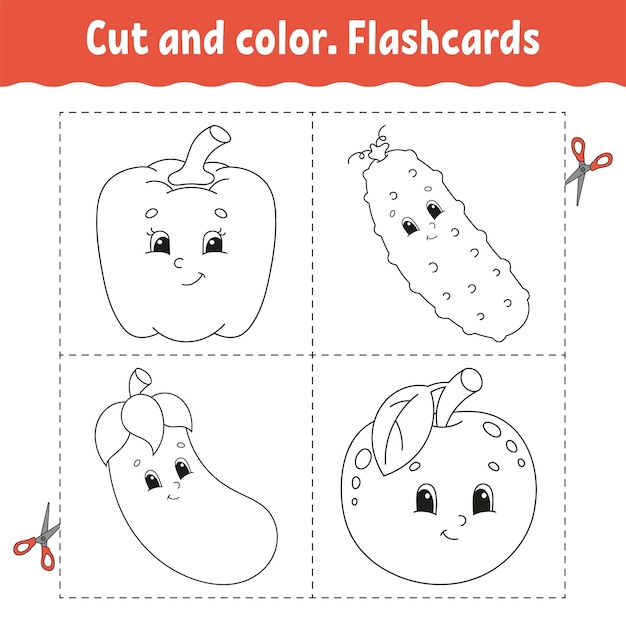 Premium vector cut and color flashcard set coloring book for kids food theme cute cartoon character black contour silhouette