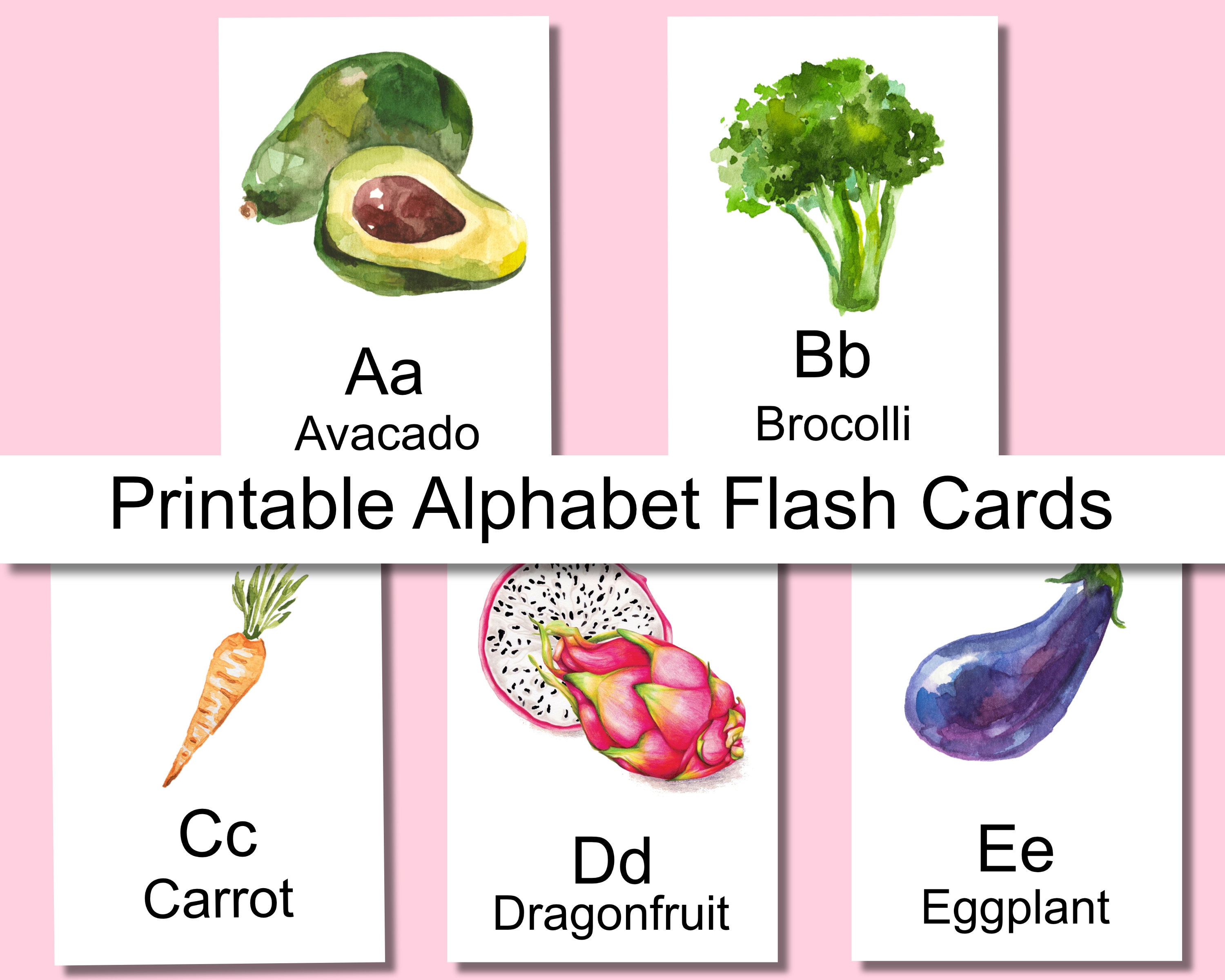 Fruits and vegetables alphabet flash cards names of fruit and veggies a to z learning activity preschool pre