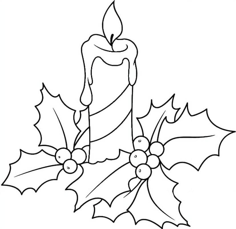 Christmas holly and candle coloring page
