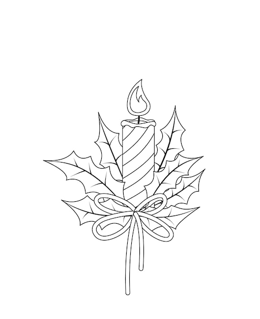 Premium vector candle with holly coloring page black and white christmas candle vector