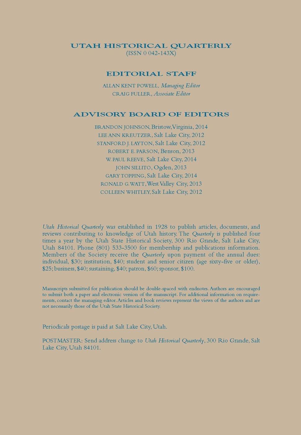 Utah historical quarterly volume number by utah historical society