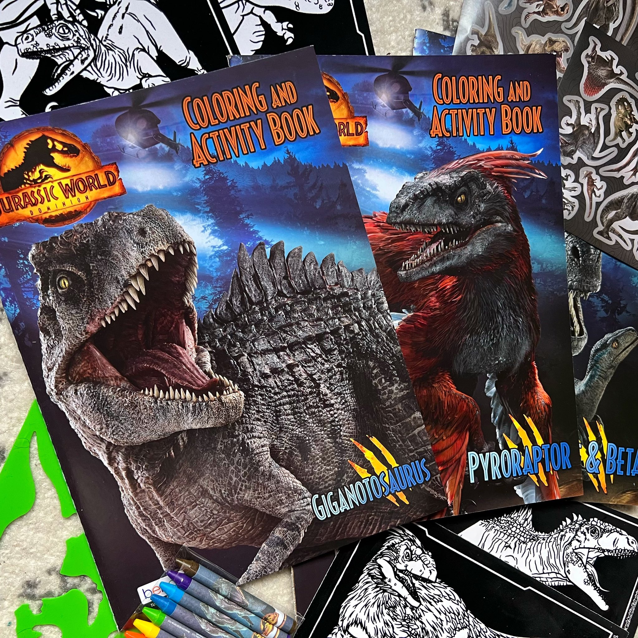Collect jurassic on x so many activities finally tracked down the new jurassic world dominion activity packs â thats four unique sets for giganotosaurus pyroraptor tyrannosaurus rex velociraptor blue and beta aside