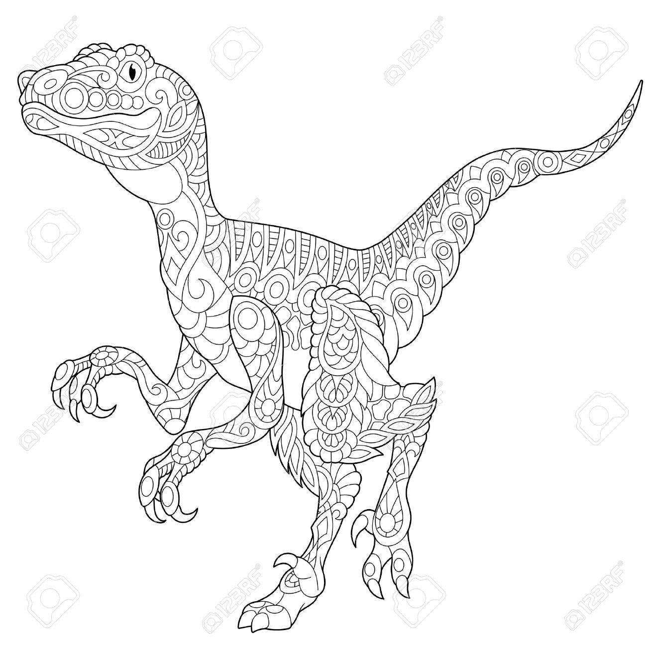 Stylized velociraptor dinosaur of the late cretaceous period isolated on white background freehand sketch for adult anti stress coloring book page with doodle and zentangle elements royalty free svg cliparts vectors and