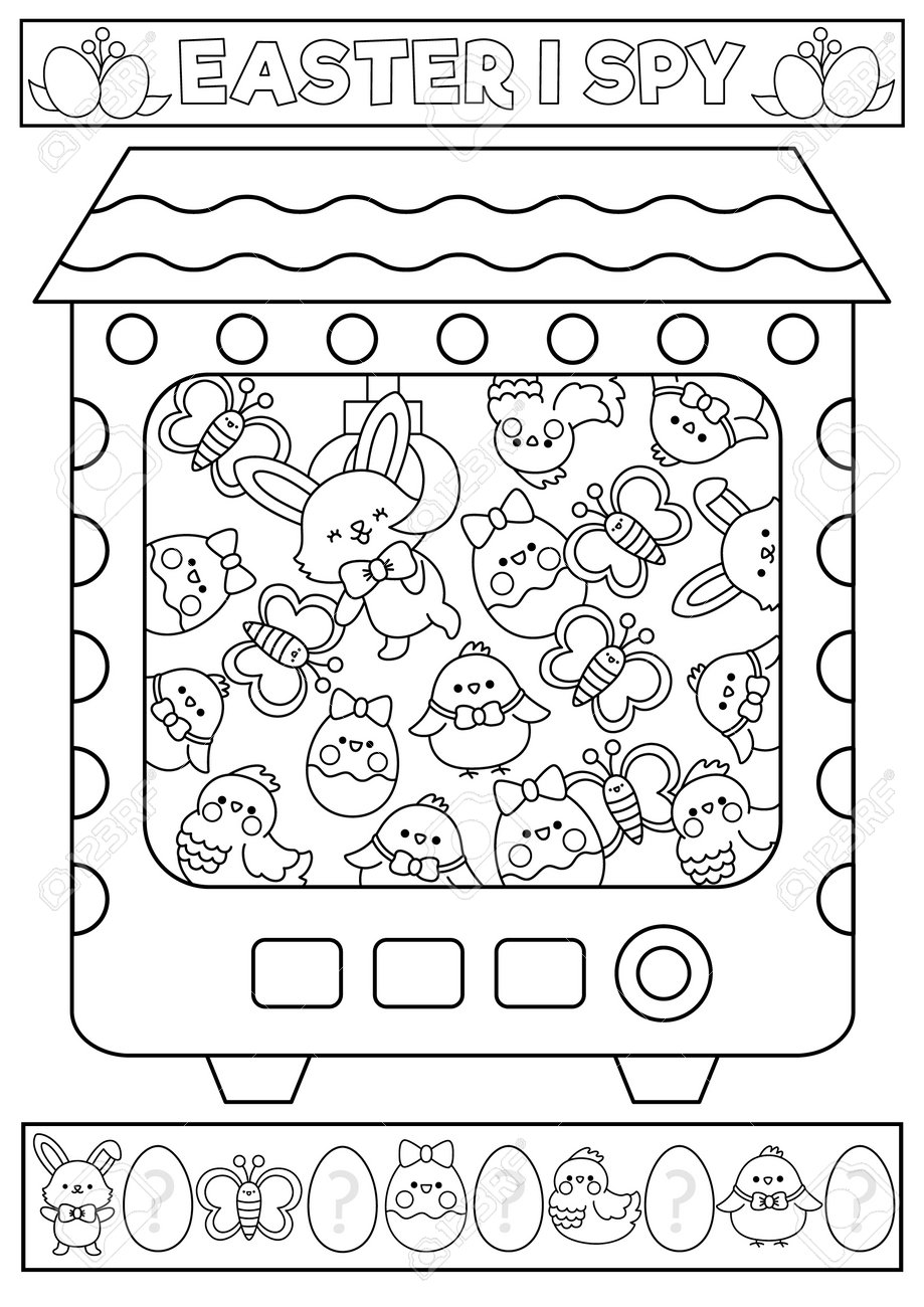Easter black and white i spy game for kids with toy vending machine searching counting activity coloring page with cute kawaii holiday symbols spring printable worksheet with bunny eggs chicks royalty free