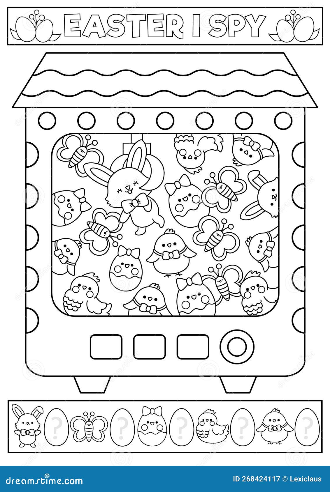 Easter black and white i spy game for kids with toy vending machine searching counting activity coloring page with cute kawaii stock vector